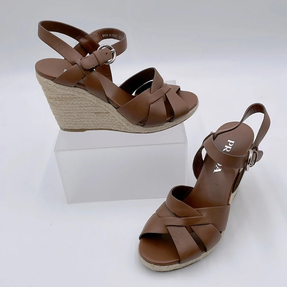 Prada Rony Brown Leather Espadrilles Platform Jute & Rubber‎ Wedge Heel - 37